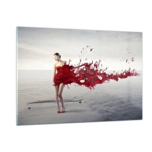 Quadro su vetro - La figura di una donna in abito rosso sullo sfondo del mare - 120x80cm - Appassionata come lo scarlatto - Decorazione murale moderna per soggiorno e camera da letto ARTTOR