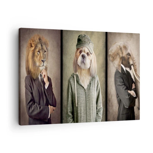 Quadro su tela - Stampe su Tela - Ritratti stilizzati di un leone, un cane e un elefante in abiti eleganti - 70x50cm - Preferisco casual - Decorazione murale moderna per soggiorno e camera da letto ARTTOR