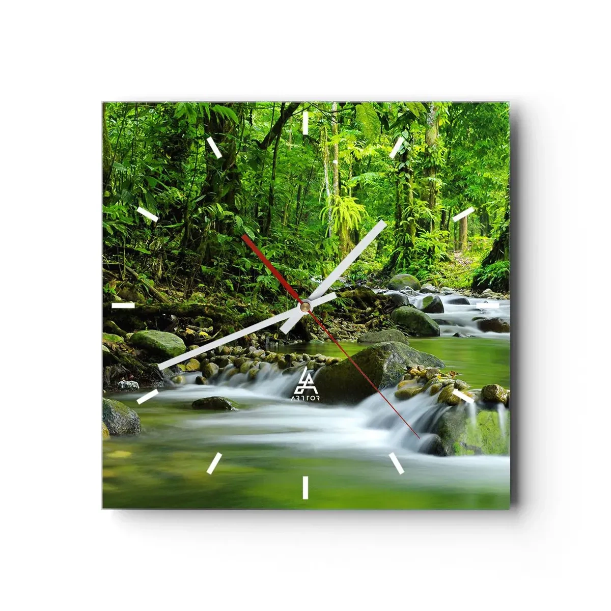 Orologio da parete - Orologio in Vetro - Un ruscello in una lussureggiante foresta tropicale - 30x30cm - Fluttuando in un mare di verde - Decorazione murale moderna per soggiorno e camera da letto ARTTOR