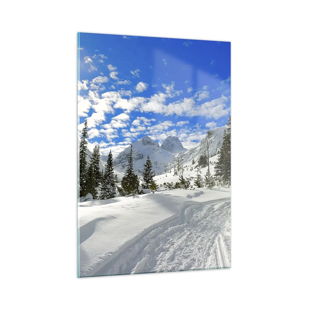 Quadro su vetro - Paesaggio montano invernale con foresta e cielo azzurro - 50x70cm - Nella neve e nel sole - Decorazione murale moderna per soggiorno e camera da letto ARTTOR