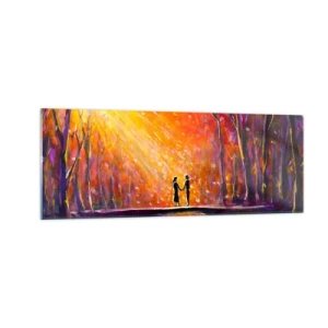 Quadro su vetro - Coppia romantica su un ponte nella foresta autunnale - 140x50cm - Anche il cielo li ama - Decorazione murale moderna per soggiorno e camera da letto ARTTOR