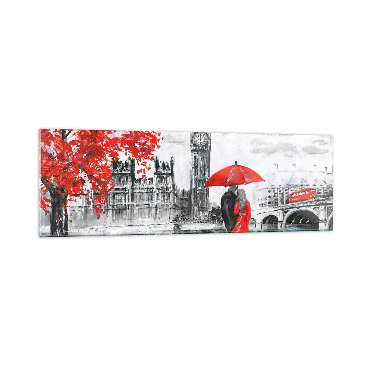Quadro su vetro - Scena romantica con il Big Ben e un ombrello rosso - 160x50cm - Innamorati a Londra - Decorazione murale moderna per soggiorno e camera da letto ARTTOR