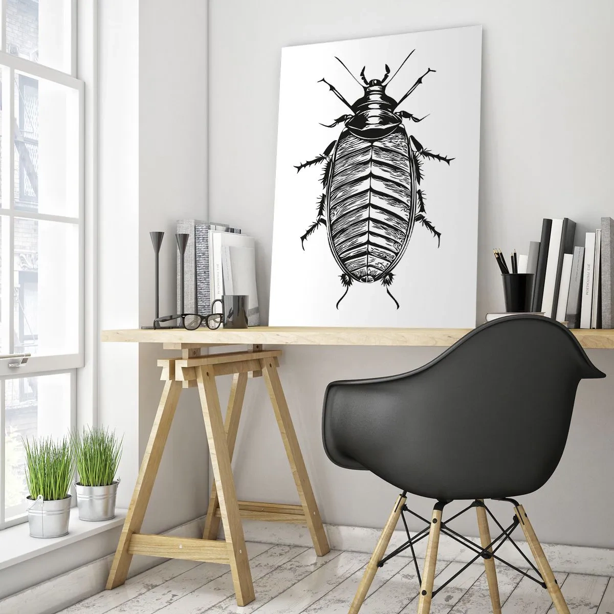 Quadro su vetro - Grafica di un insetto bianco e nero su sfondo bianco - 80x120cm - Che esemplare! - Decorazione murale moderna per soggiorno e camera da letto ARTTOR