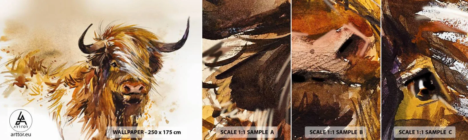 Campione di Fotomurale Adesivo Deluxe Sticker - L'orgoglio del cacciatore - Animali, Astrazione, Bufalo scozzese - 100x30 cm
