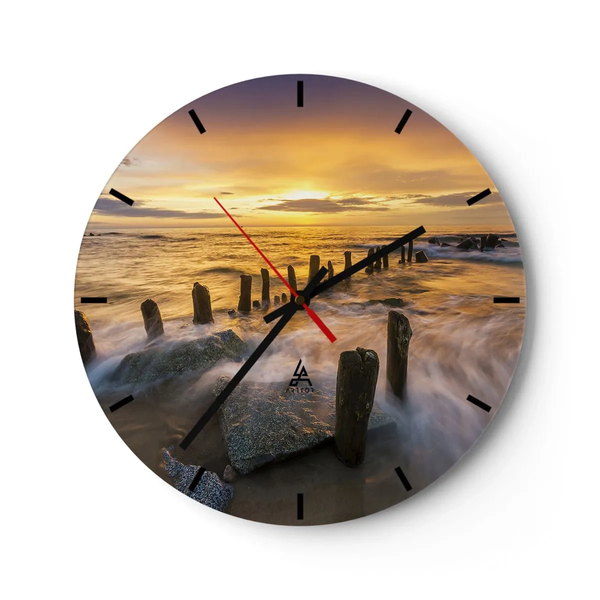 Orologio da parete - Orologio in Vetro - Tramonto sul mare con pali di legno sulla riva - 30x30cm - La bellezza selvatica del Baltico - Decorazione murale moderna per soggiorno, cucina e camera da letto ARTTOR