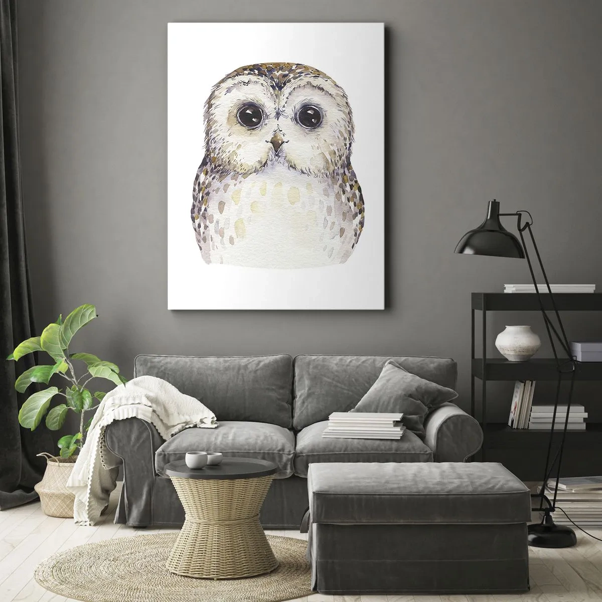 Quadro su tela - Stampe su Tela - Ritratto di un gufo su uno sfondo chiaro con colori delicati - 50x70cm - Guardami negli occhi - Decorazione murale moderna per soggiorno e camera da letto ARTTOR