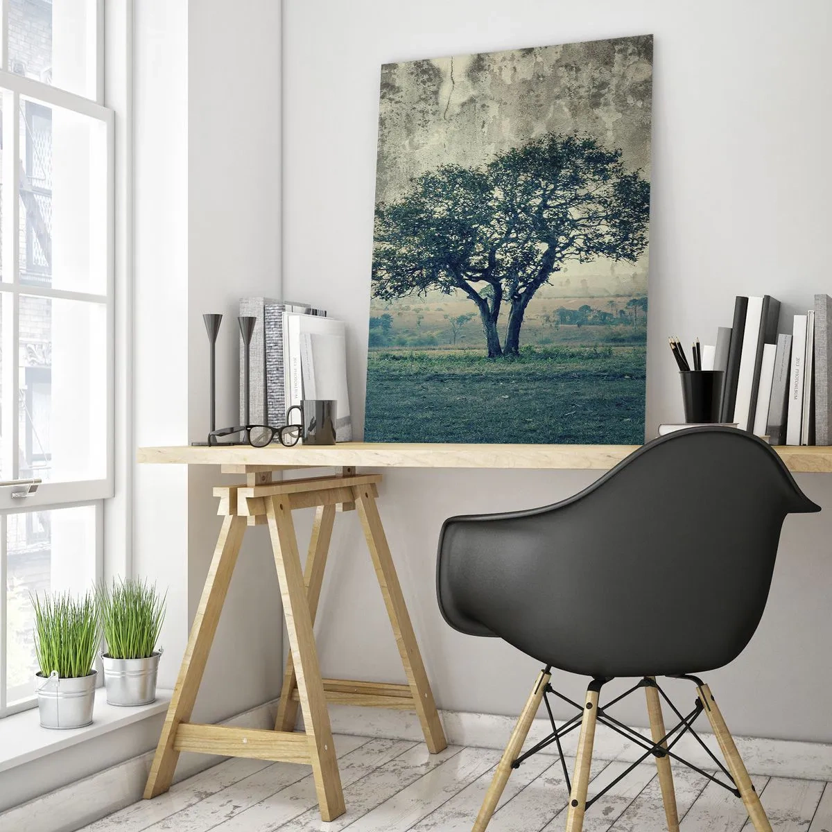 Quadro su vetro - Un albero solitario contro un paesaggio nebbioso - 80x120cm - Un melo su un prato blu? - Decorazione murale moderna per soggiorno e camera da letto ARTTOR
