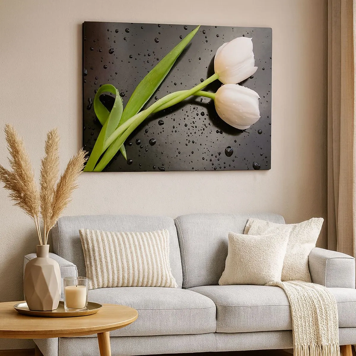 Quadro su tela - Stampe su Tela - Tulipani bianchi su sfondo nero con gocce d'acqua - 70x50cm - Intreccio primaverile - Decorazione murale moderna per soggiorno e camera da letto ARTTOR