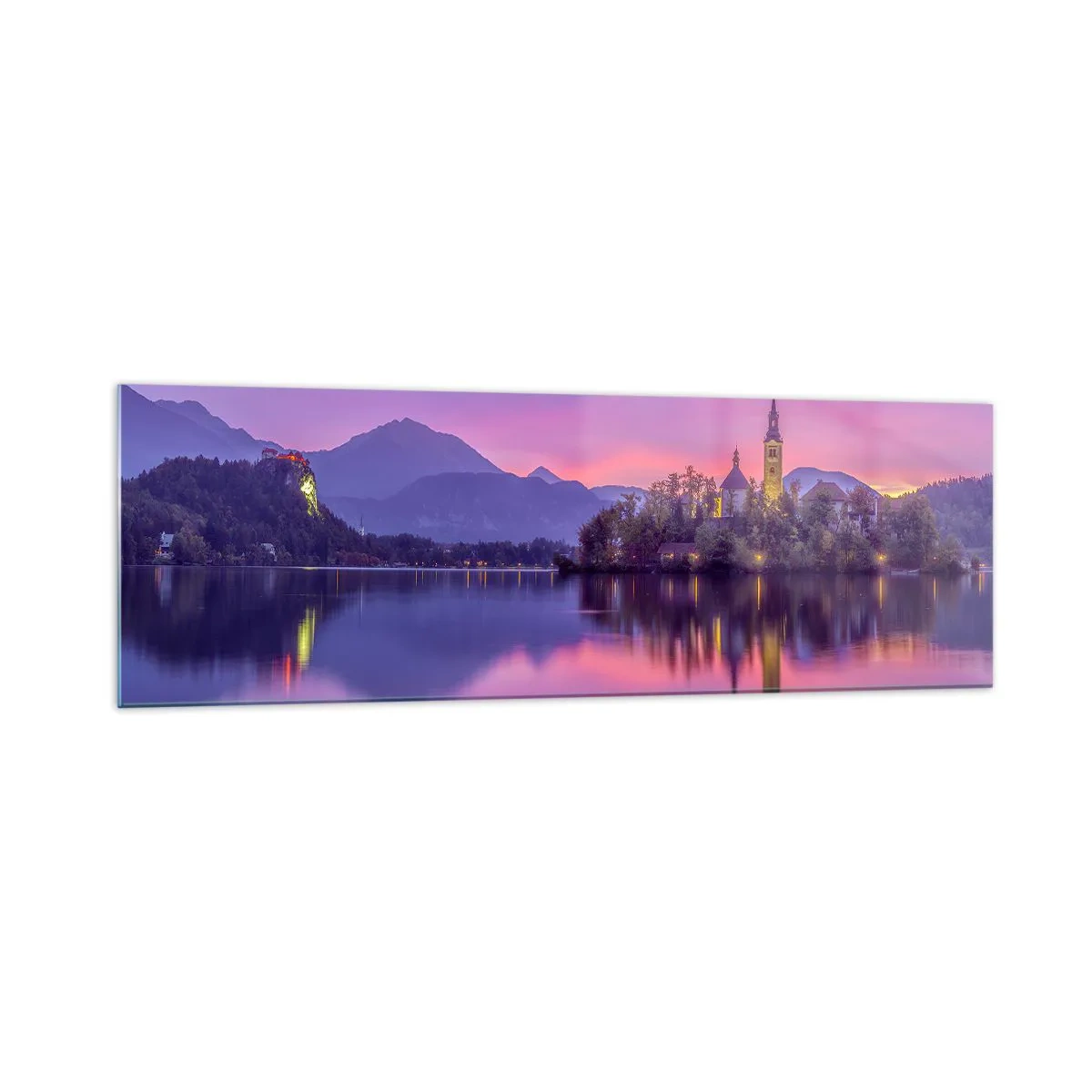 Quadro su vetro - Lago con un'isola e una chiesa al tramonto - 160x50cm - Isola favolosa al crepuscolo - Decorazione murale moderna per soggiorno e camera da letto ARTTOR