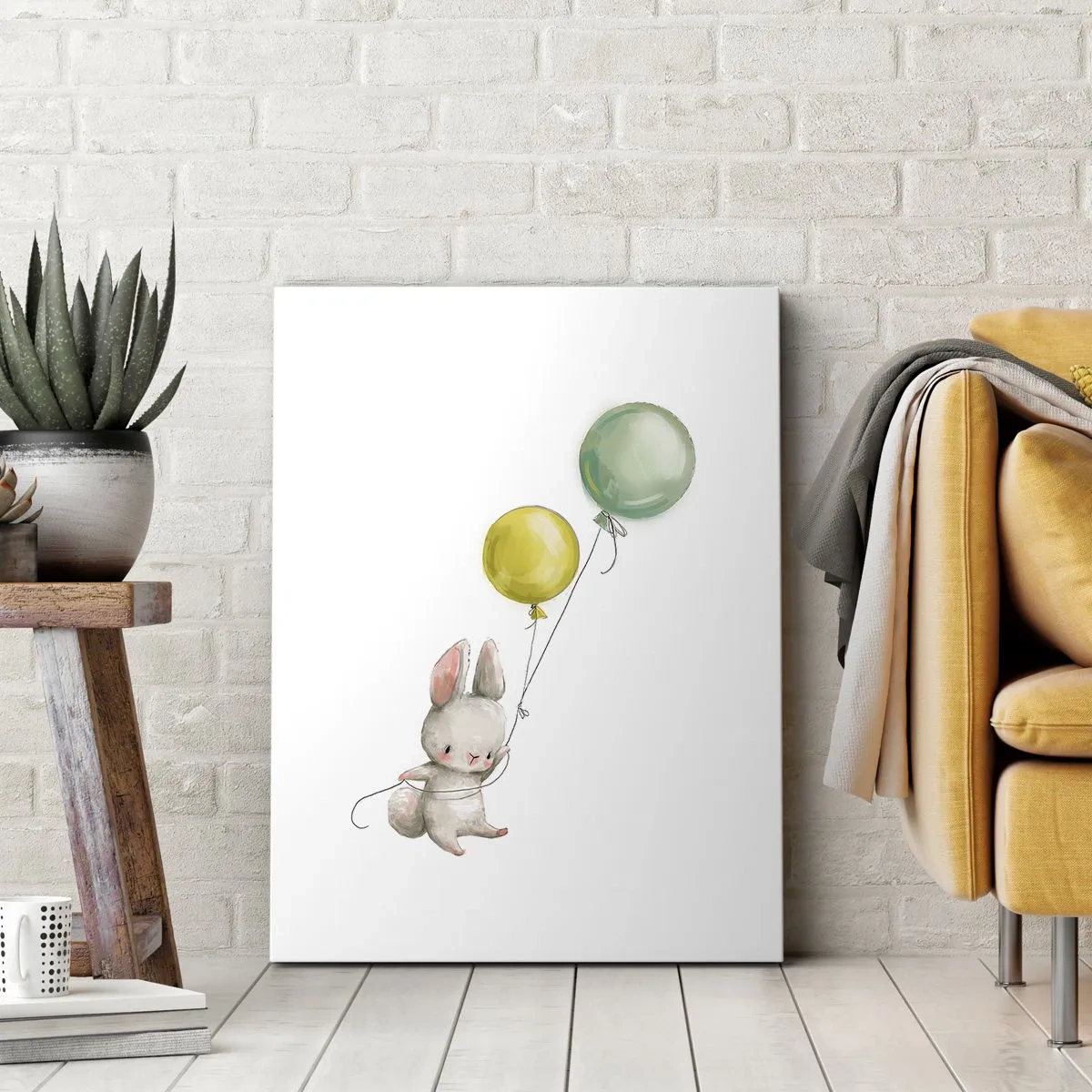 Quadro su tela - Stampe su Tela - Un coniglio che tiene in mano palloncini color pastello - 50x70cm - Volo anch'io! - Decorazione murale moderna per soggiorno e camera da letto ARTTOR