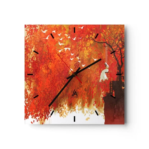 Orologio da parete - Orologio in Vetro - Una figura su un'altalena vicino a un albero circondata da foglie rosse - 30x30cm - Voli con noi? - Decorazione murale moderna per soggiorno e camera da letto ARTTOR