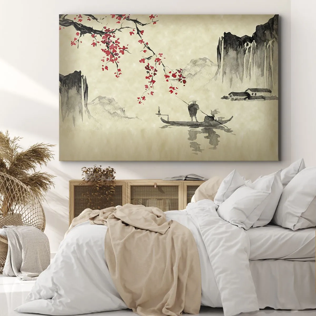 Quadro su tela - Stampe su Tela - Illustrazione orientale con una barca e un ramo fiorito - 120x80cm - Nel paese dei ciliegi in fiore - Decorazione murale moderna per soggiorno e camera da letto ARTTOR