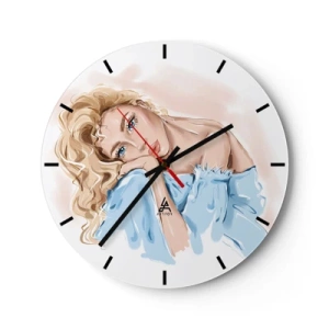 Orologio da parete - Orologio in Vetro - Illustrazione di una donna con riccioli biondi in un abito blu su uno sfondo bianco - 30x30cm - Sognante nel blu - Decorazione murale moderna per soggiorno, cucina e camera da letto ARTTOR