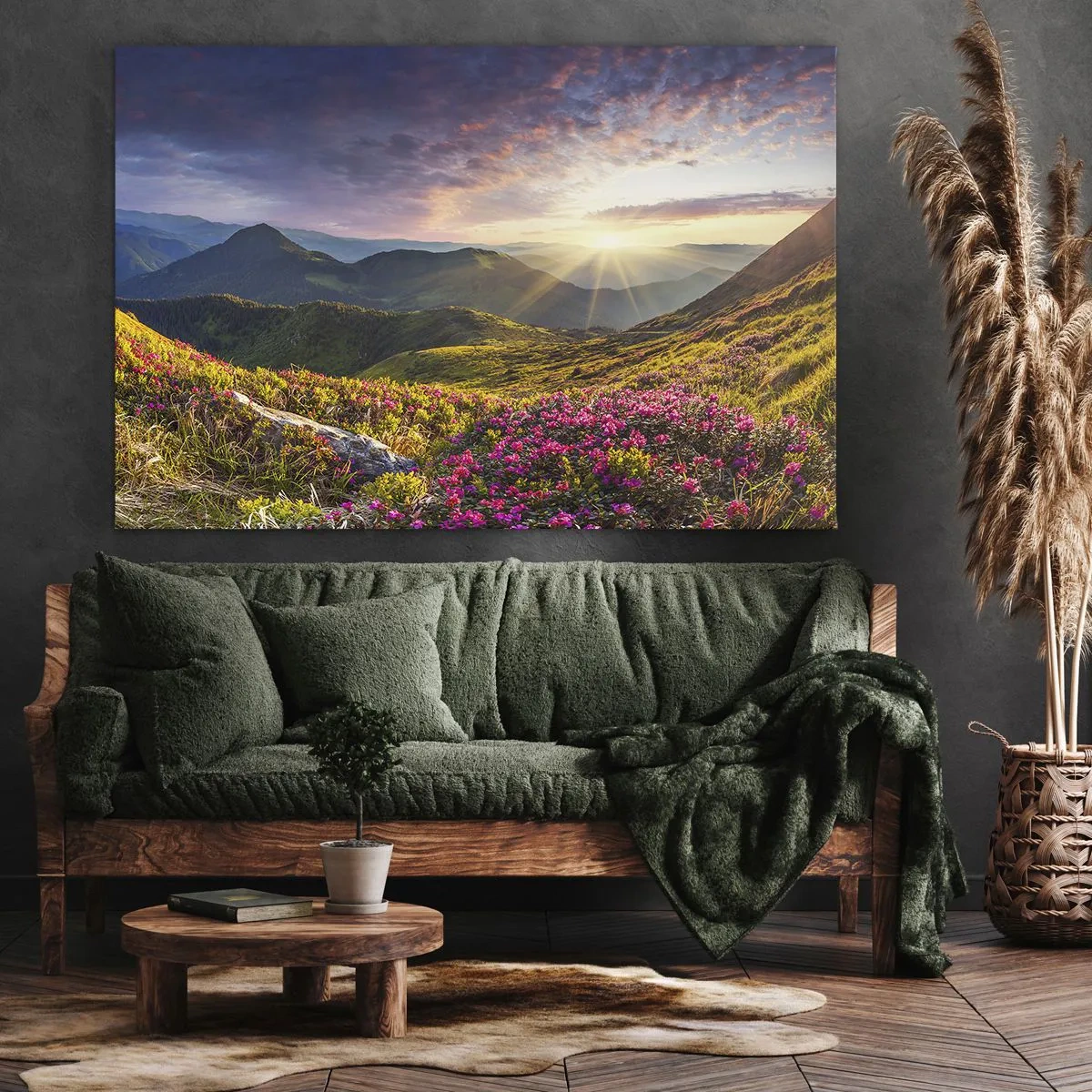 Quadro su tela - Stampe su Tela - Paesaggio montano con rododendri in fiore - 100x70cm - La freschezza di un mattino sui monti - Decorazione murale moderna per soggiorno e camera da letto ARTTOR