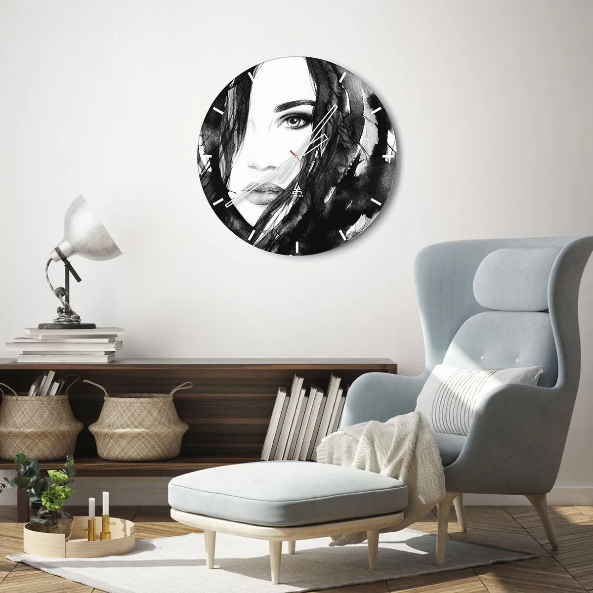 Orologio da parete - Orologio in Vetro - Ritratto di donna in bianco e nero con stile acquerello - 30x30cm - Ritratto di donna in bianco e nero - Decorazione murale moderna per soggiorno, cucina e camera da letto ARTTOR