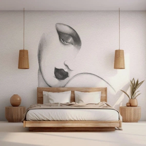 Fotomurali Premium Sand - Un sottile schizzo del volto di una donna in bianco e nero. - 100x70cm - Nello stile di Lempicka - Decorazione murale moderna per soggiorno e camera da letto ARTTOR