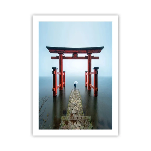 Poster - Torii rosso sullo sfondo di acqua calma e cielo - 50x70cm - Meditazione giapponese - Decorazione murale moderna per soggiorno e camera da letto ARTTOR