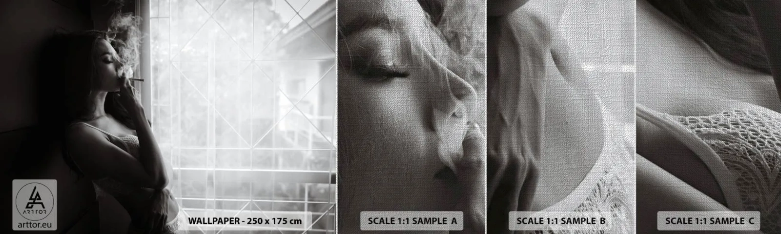 Campione di Fotomurale Premium Canvas - Attimo sensuale - Donna, Sigaretta, Camera da letto - 100x30 cm