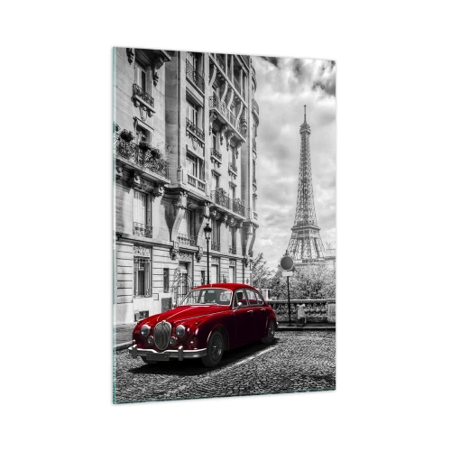 Quadro su vetro - Auto rossa davanti alla Torre Eiffel nella Parigi in bianco e nero - 50x70cm - Predatore in città - Decorazione murale moderna per soggiorno e camera da letto ARTTOR