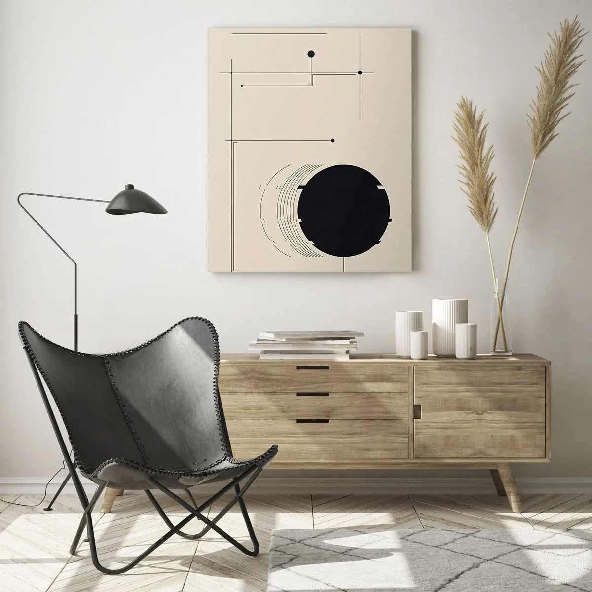 Quadro su vetro - Linee geometriche nere e un cerchio su uno sfondo beige - 80x120cm - Composizione elastica e dinamica - Decorazione murale moderna per soggiorno e camera da letto ARTTOR