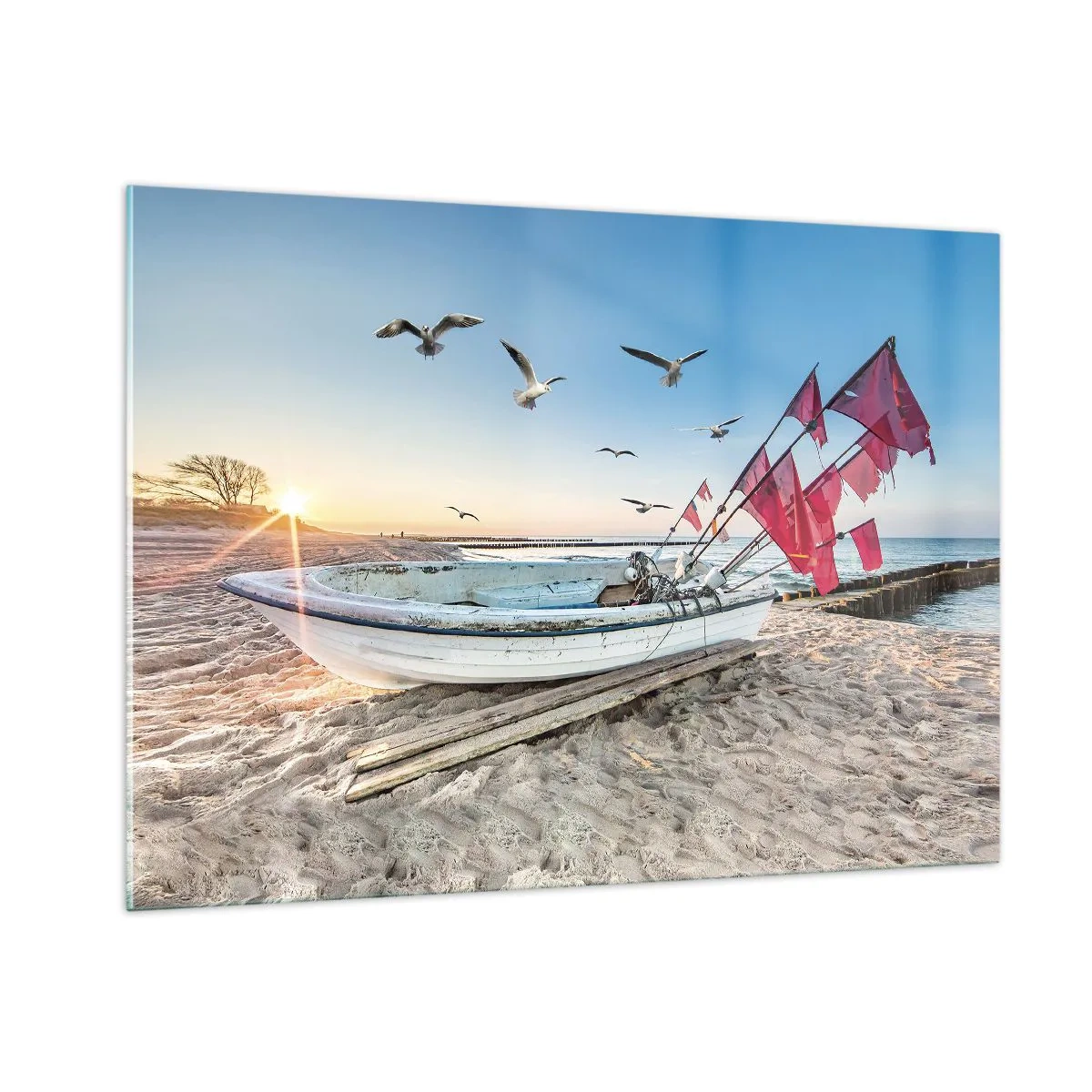 Quadro su vetro - Barca da pesca sulla spiaggia all'alba - 100x70cm - Meritato riposo - Decorazione murale moderna per soggiorno e camera da letto ARTTOR