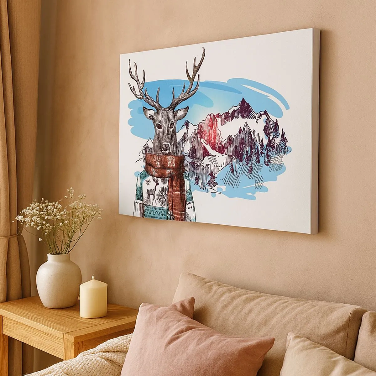 Quadro su tela - Stampe su Tela - Un cervo con un maglione invernale sullo sfondo di un paesaggio montano - 70x50cm - Anche il cervo non ha freddo - Decorazione murale moderna per soggiorno e camera da letto ARTTOR