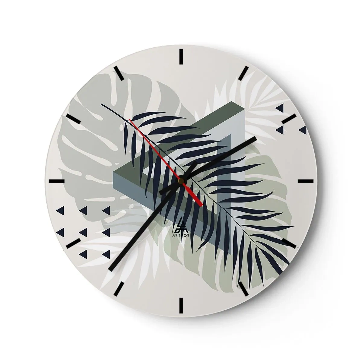 Orologio da parete - Orologio in Vetro - Composizione geometrica con foglie tropicali - 30x30cm - Natura e geometria: due ordini? - Decorazione murale moderna per soggiorno, cucina e camera da letto ARTTOR
