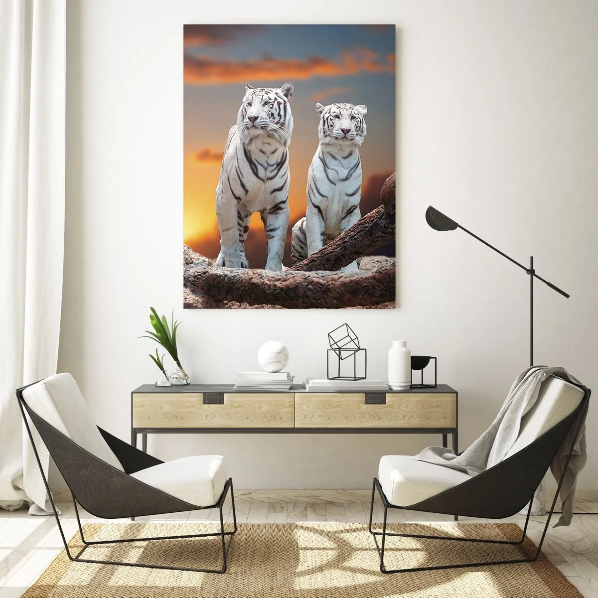 Quadro su vetro - Tigri bianche al tramonto sullo sfondo della natura - 70x100cm - Proprio come a Narnia - Decorazione murale moderna per soggiorno e camera da letto ARTTOR