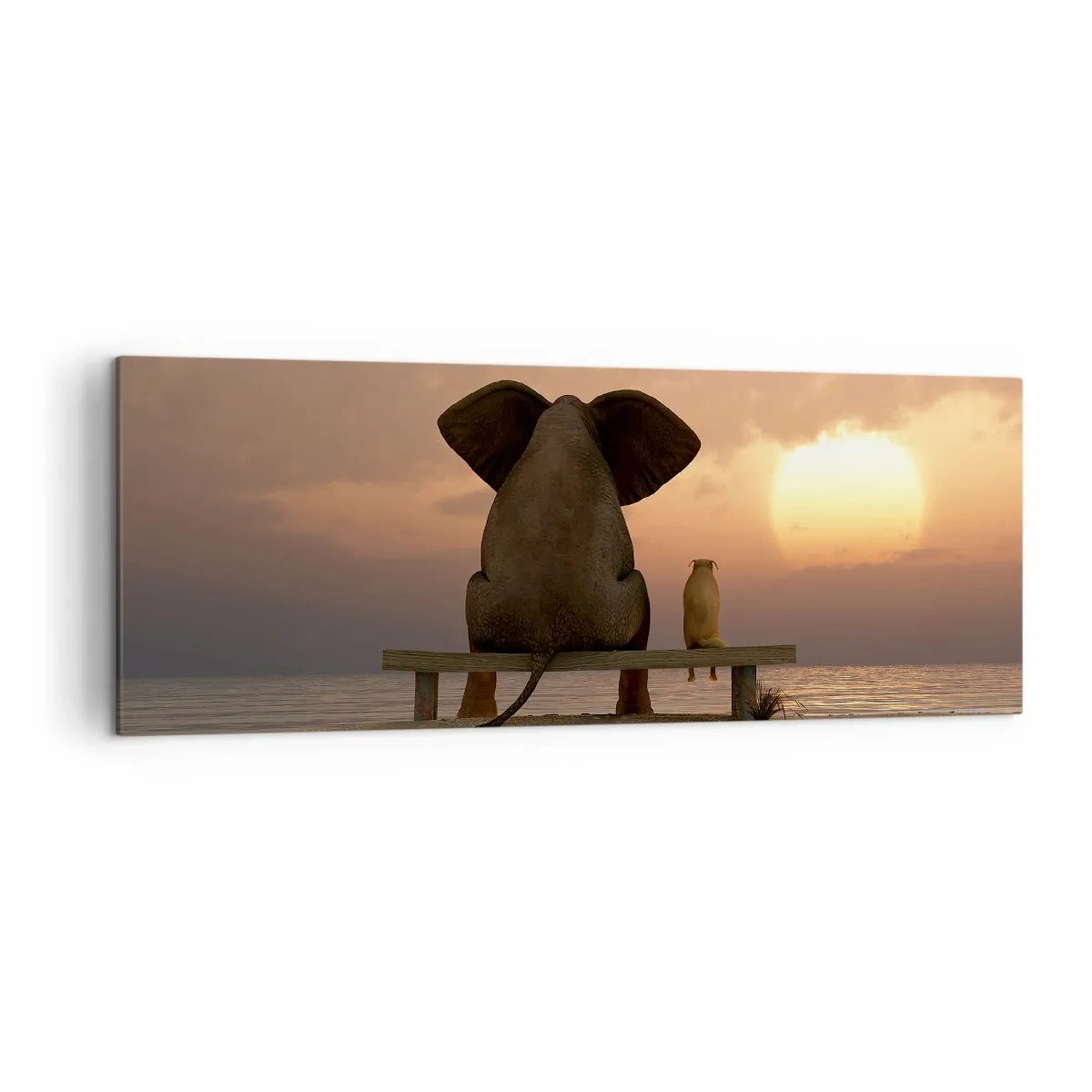 Quadro su tela - Stampe su Tela - Un elefante e un cane sono seduti su una panchina sulla spiaggia durante il tramonto. - 140x50cm - A volte bisogna tacere - Decorazione murale moderna per soggiorno e camera da letto ARTTOR