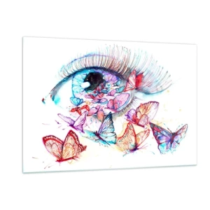 Quadro su vetro - L'occhio di una donna circondato da farfalle colorate ad acquerello - 120x80cm - Occhio incantato - Decorazione murale moderna per soggiorno e camera da letto ARTTOR