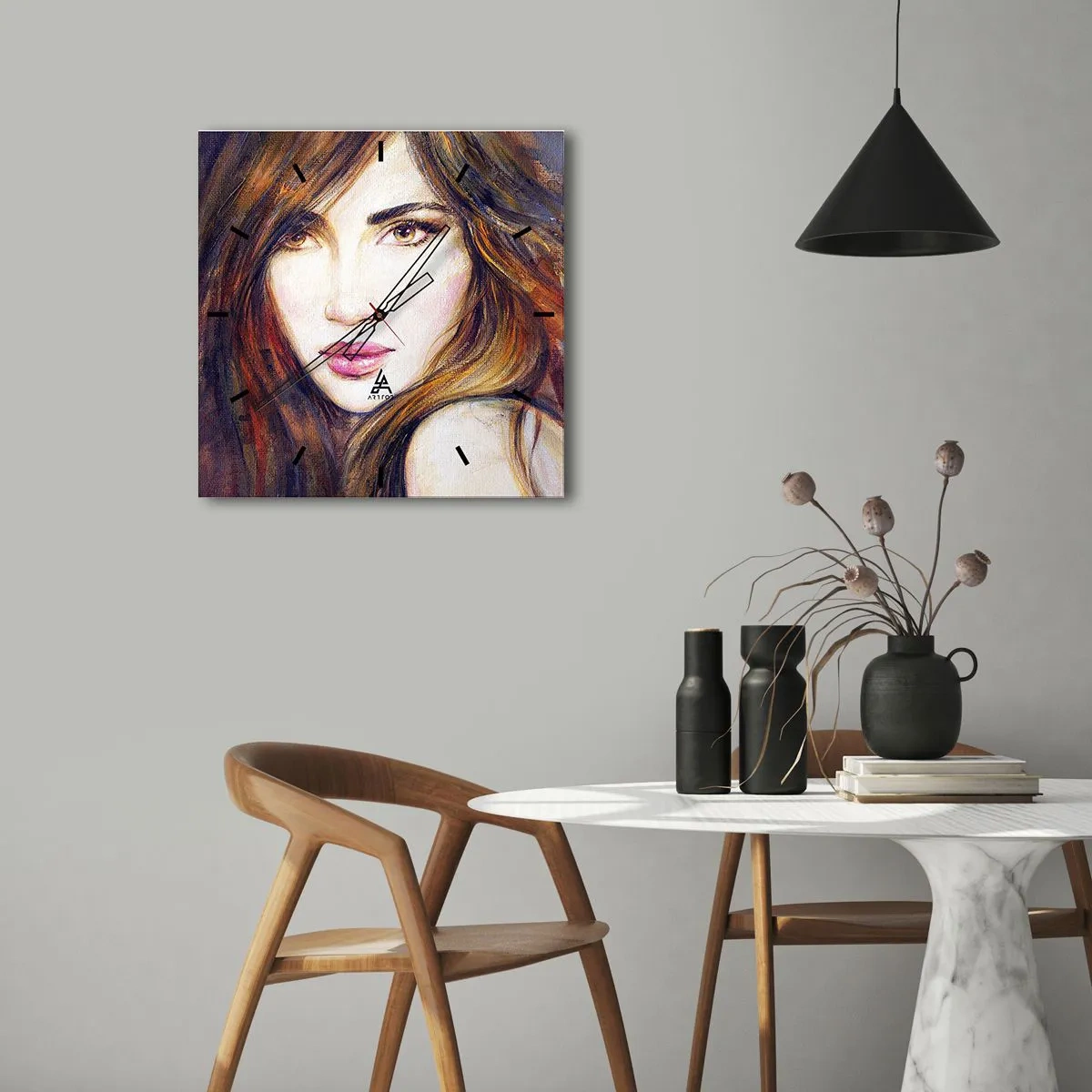 Orologio da parete - Orologio in Vetro - Ritratto di donna in stile pittorico - 30x30cm - Un penny per i tuoi pensieri - Decorazione murale moderna per soggiorno e camera da letto ARTTOR