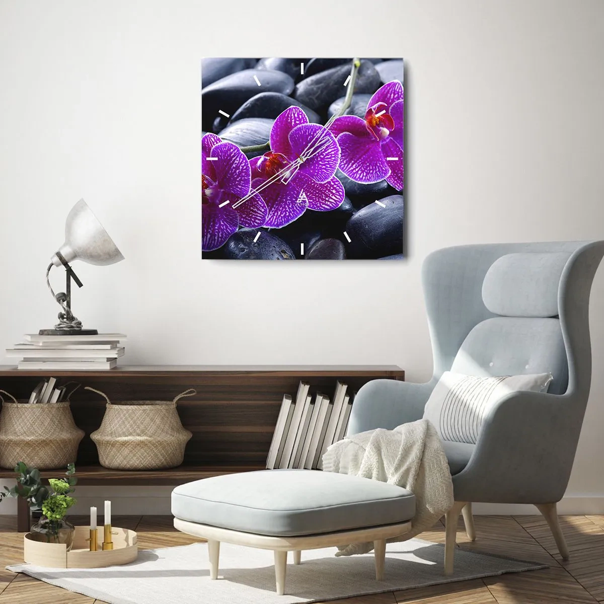 Orologio da parete - Orologio in Vetro - Orchidee viola su uno sfondo di pietre nere - 30x30cm - Le pietre brillano di ammirazione - Decorazione murale moderna per soggiorno e camera da letto ARTTOR