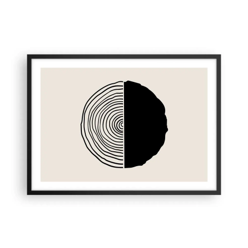 Poster in cornice nera - Un motivo astratto in bianco e nero ispirato a una sezione trasversale di legno con una divisione geometrica. - 70x50cm - A metà - Decorazione murale moderna per soggiorno e camera da letto ARTTOR