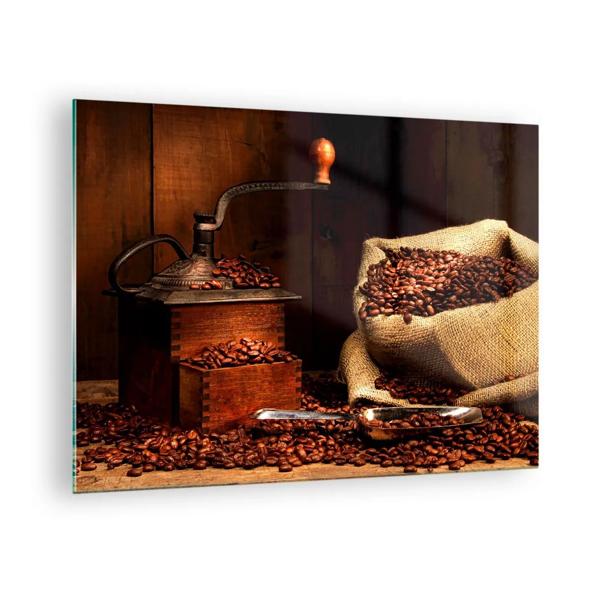 Quadro su vetro - Un vecchio macinacaffè con chicchi e un sacchetto di caffè - 70x50cm - Natura morta con chicchi di caffè e macinino - Decorazione murale moderna per soggiorno e camera da letto ARTTOR