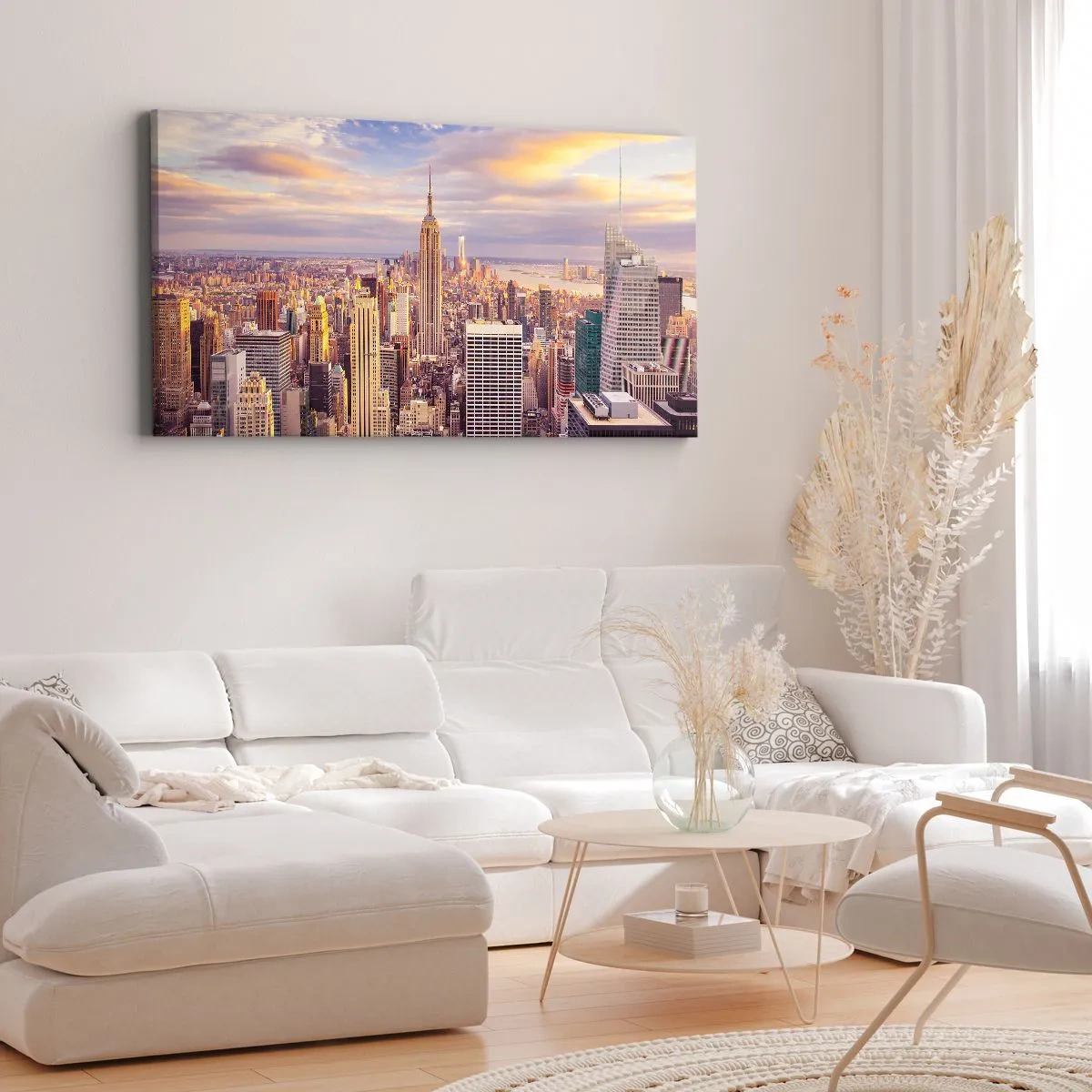 Quadro su tela - Stampe su Tela - Panorama di una città moderna con grattacieli al tramonto - 140x50cm - Toccando le nuvole - Decorazione murale moderna per soggiorno e camera da letto ARTTOR
