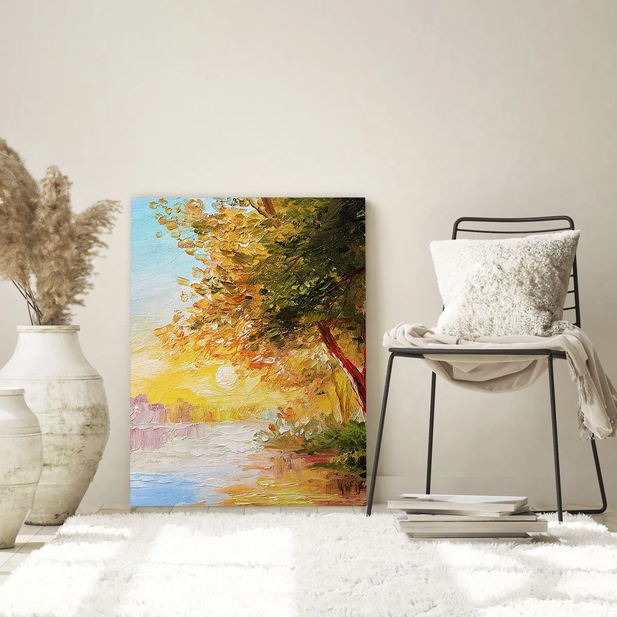 Quadro su vetro - Un paesaggio pittoresco con un fiume e alberi al tramonto - 70x100cm - Et in Arcadia ego - Decorazione murale moderna per soggiorno e camera da letto ARTTOR