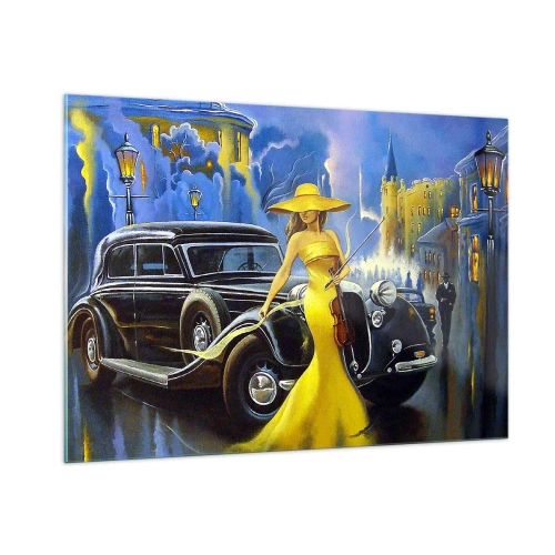 Quadro su vetro - Una donna con un vestito giallo accanto a un'auto d'epoca - 100x70cm - Notturno per violino e amore - Decorazione murale moderna per soggiorno e camera da letto ARTTOR