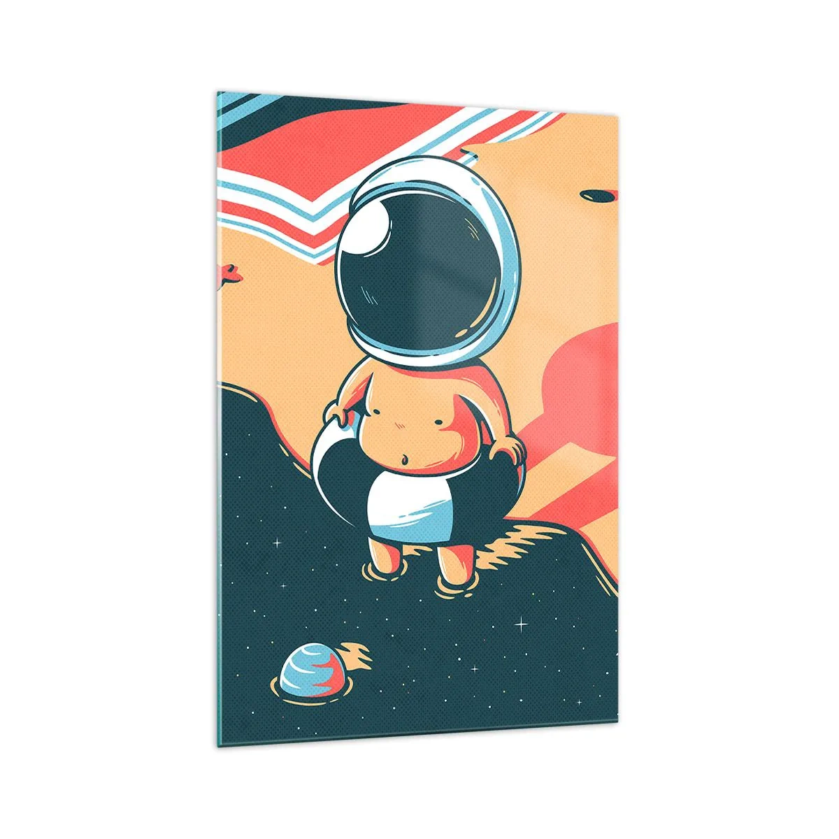 Quadro su vetro - Divertente astronauta sulla spiaggia con elementi spaziali sullo sfondo - 70x100cm - Da un'altra prospettiva - Decorazione murale moderna per soggiorno e camera da letto ARTTOR