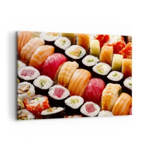 Quadro su tela - Stampe su Tela - Sushi colorati disposti in file con vari condimenti - 100x70cm - Colori e sapori dell'Asia - Decorazione murale moderna per soggiorno e camera da letto ARTTOR