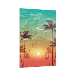 Quadro su vetro - Tramonto con palme contro un cielo colorato - 70x100cm - Climi tropicali - Decorazione murale moderna per soggiorno e camera da letto ARTTOR