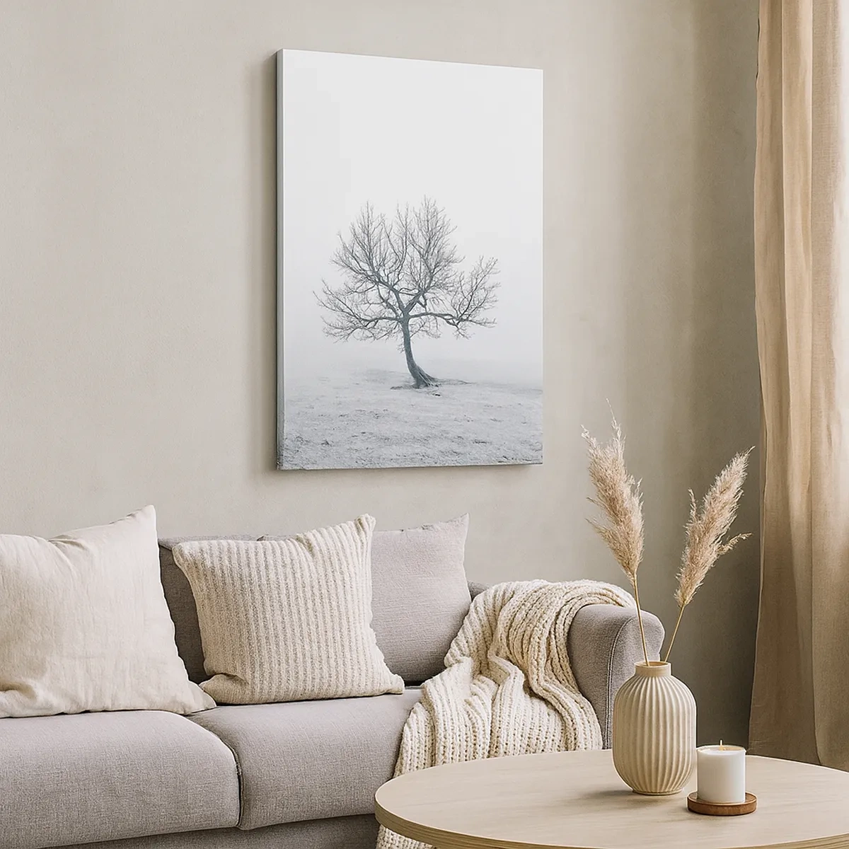 Quadro su tela - Stampe su Tela - Un albero solitario nella nebbia invernale in un campo vuoto - 50x70cm - Contro il nulla - Decorazione murale moderna per soggiorno e camera da letto ARTTOR