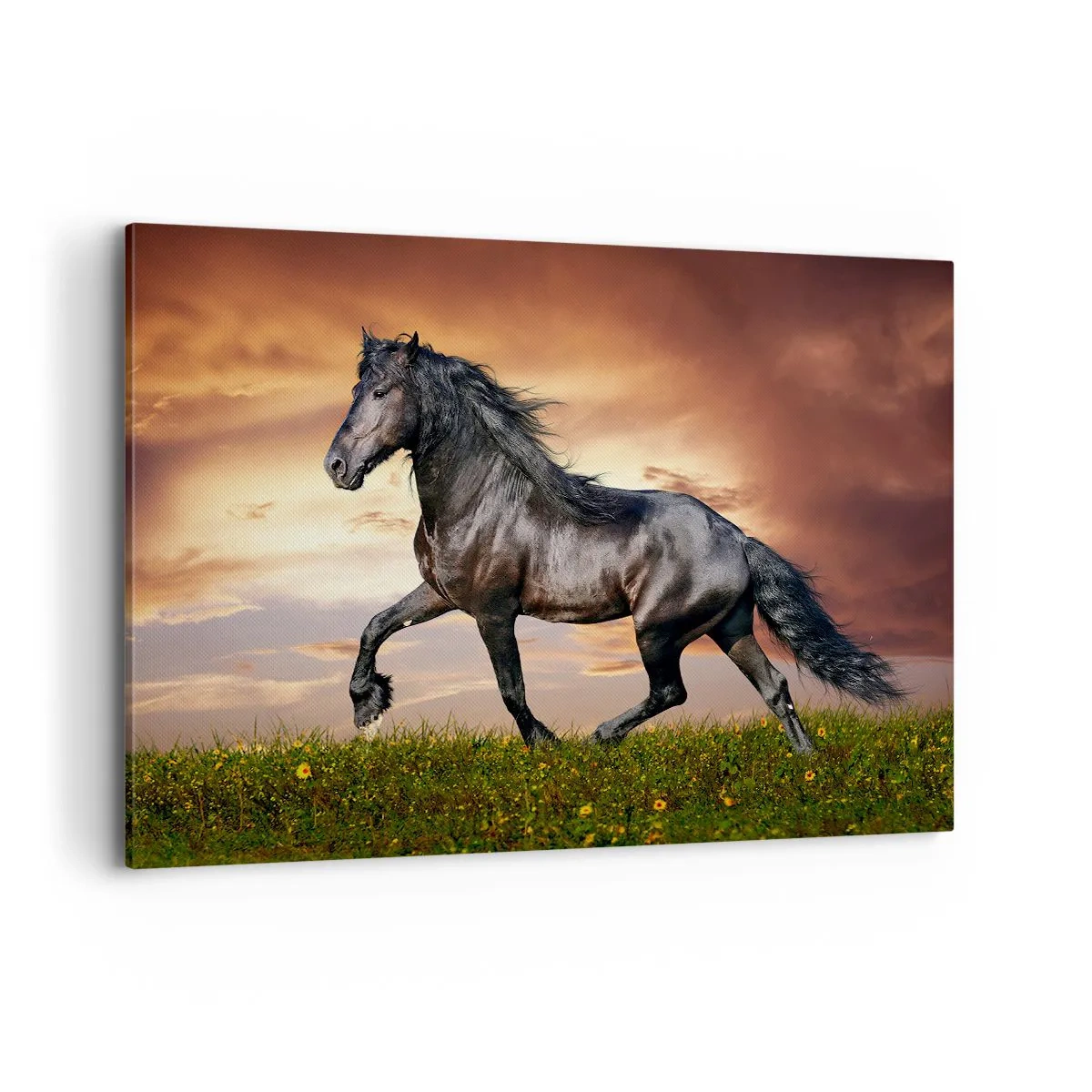 Quadro su tela - Stampe su Tela - Un cavallo nero che galoppa contro il sole al tramonto - 120x80cm - Il principe nero - Decorazione murale moderna per soggiorno e camera da letto ARTTOR