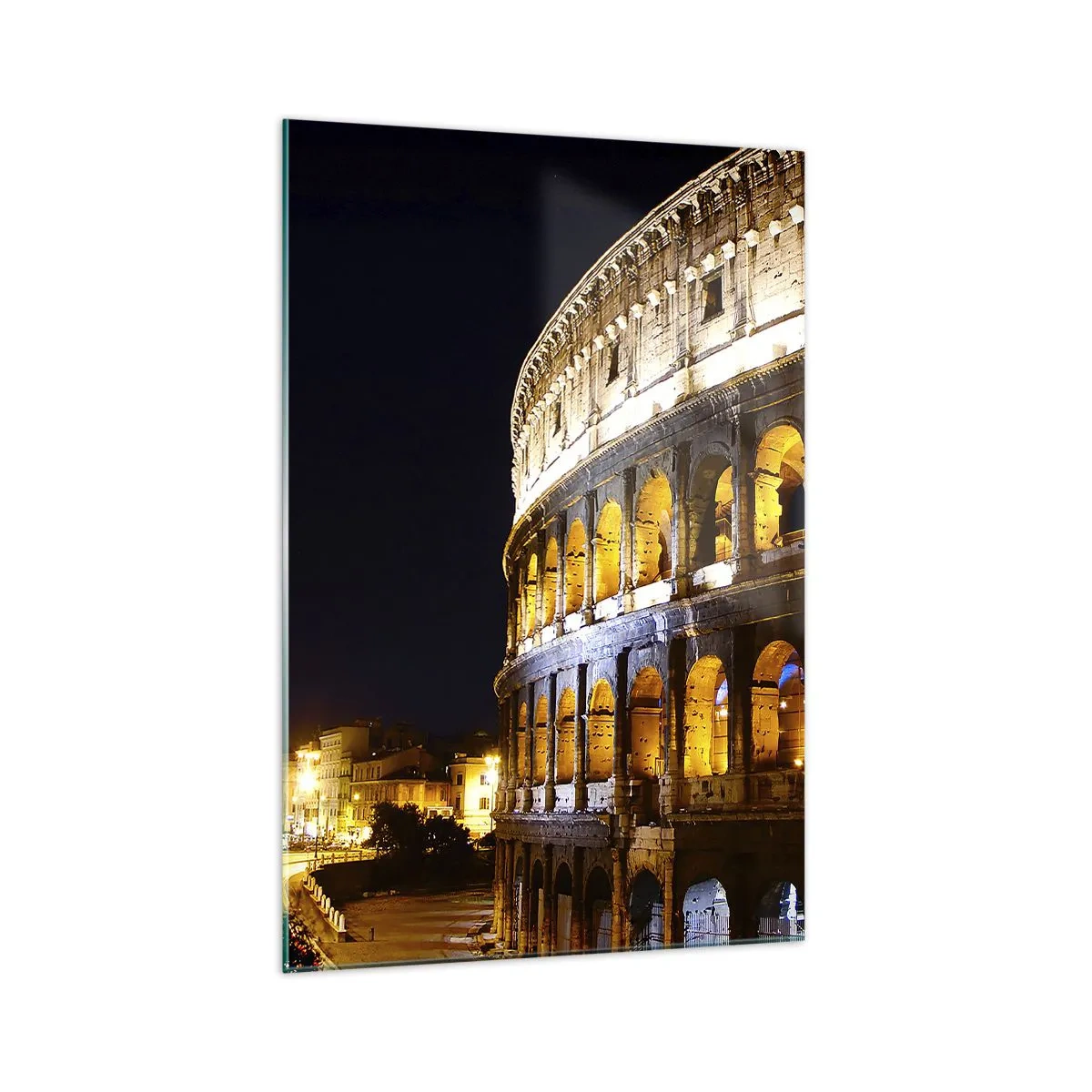Quadro su vetro - Il Colosseo illuminato dalle luci di notte a Roma - 70x100cm - È tempo di iniziare i giochi - Decorazione murale moderna per soggiorno e camera da letto ARTTOR