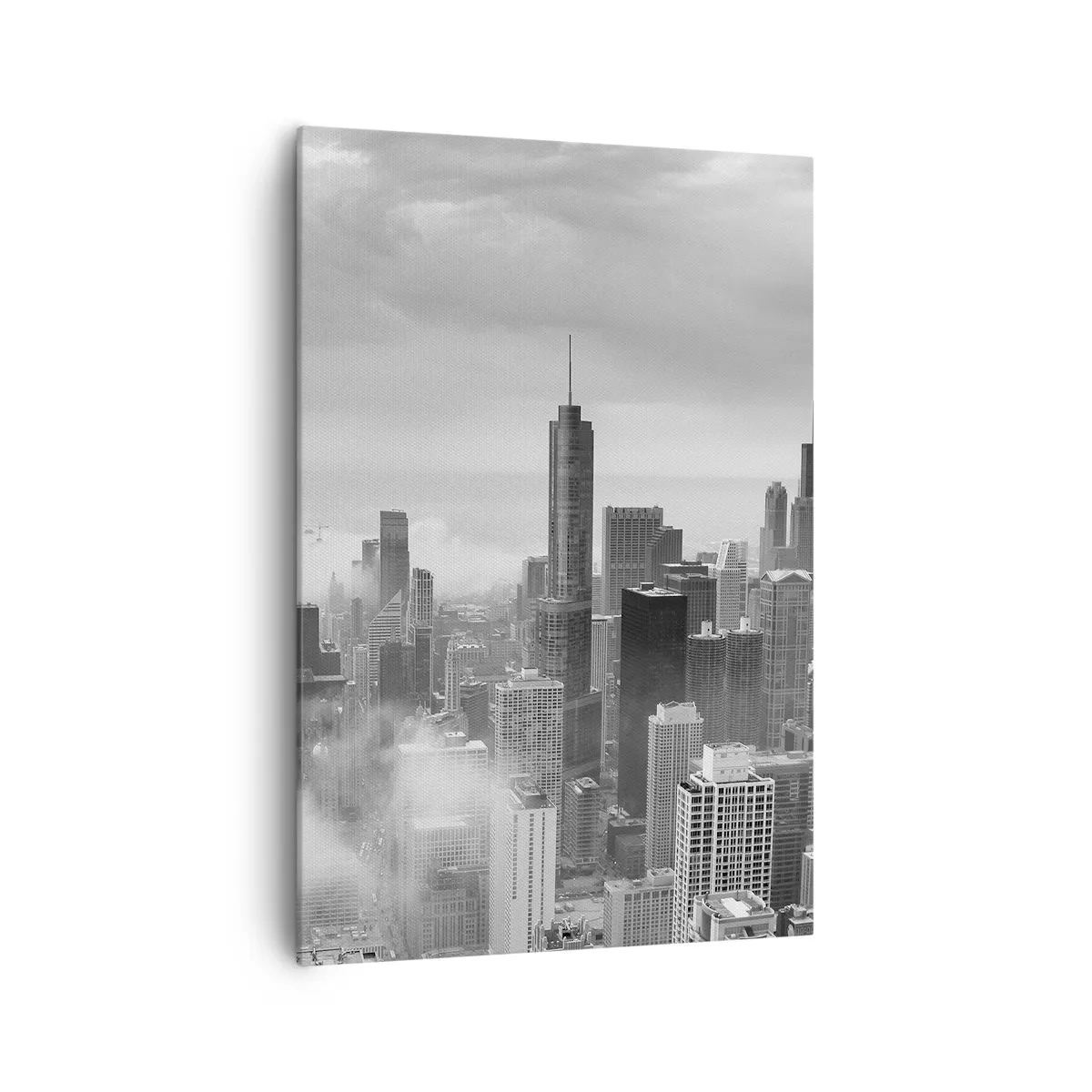 Quadro su tela - Stampe su Tela - Panorama della città con grattacieli tra le nuvole in bianco e nero - 70x100cm - Paesaggio americano - Decorazione murale moderna per soggiorno e camera da letto ARTTOR