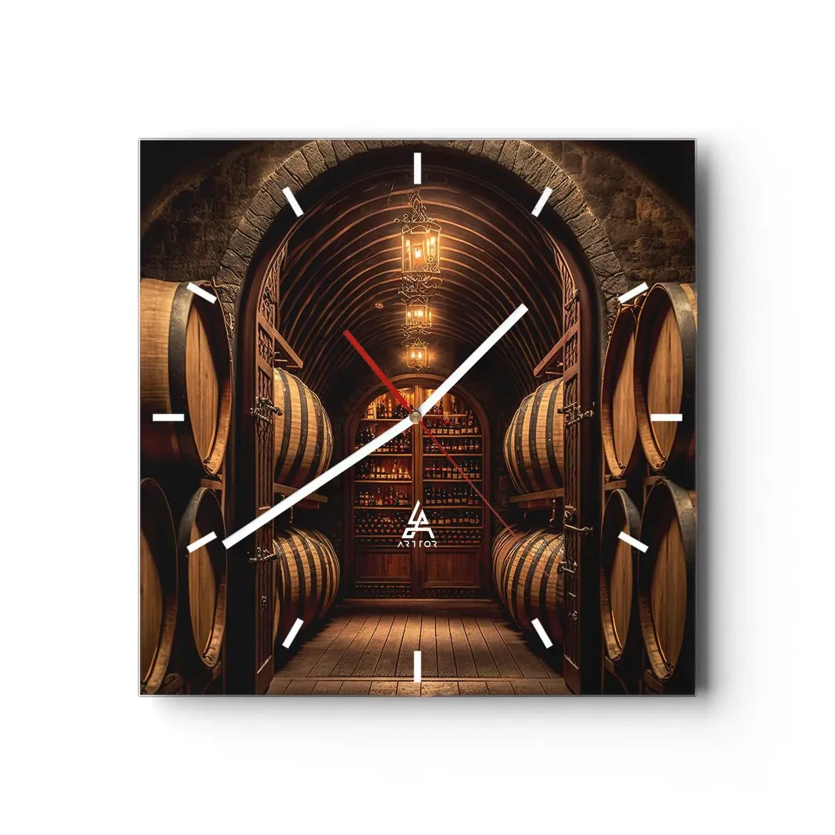 Orologio da parete - Orologio in Vetro - Cantina con botti di legno e scaffali per il vino - 30x30cm - L'atmosfera della cantina - Decorazione murale moderna per soggiorno e camera da letto ARTTOR