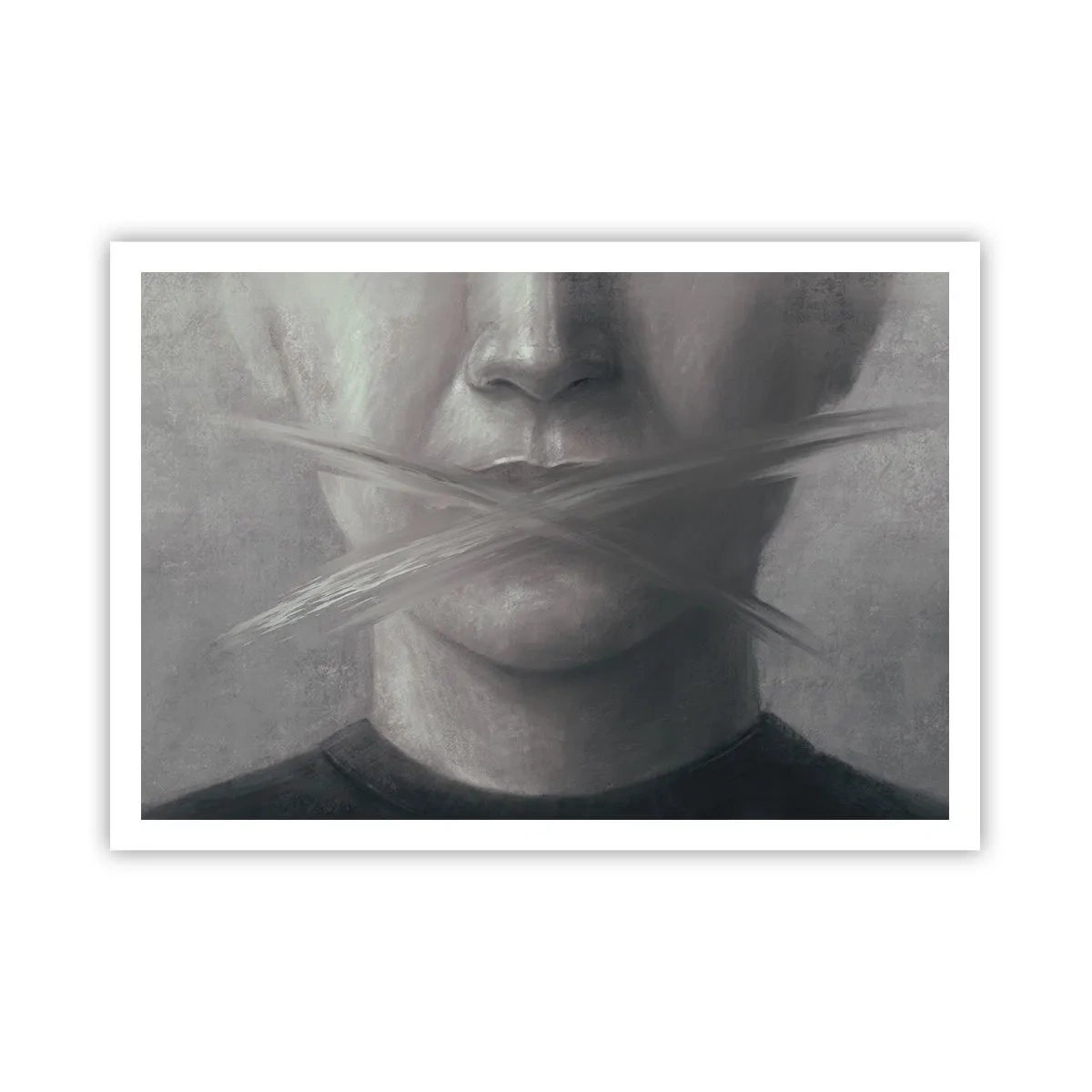 Poster - Un ritratto simbolico con labbra sfocate nei toni del grigio. - 100x70cm - Neanche una parola - Decorazione murale moderna per soggiorno e camera da letto ARTTOR
