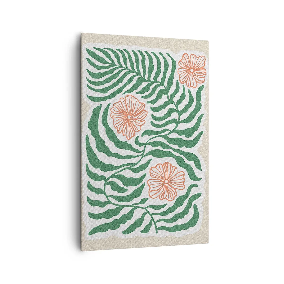 Quadro su tela - Stampe su Tela - Un motivo minimalista di foglie verdi con fiori nelle tonalità dell'arancione. - 80x120cm - Fioritura nel verde - Decorazione murale moderna per soggiorno e camera da letto ARTTOR