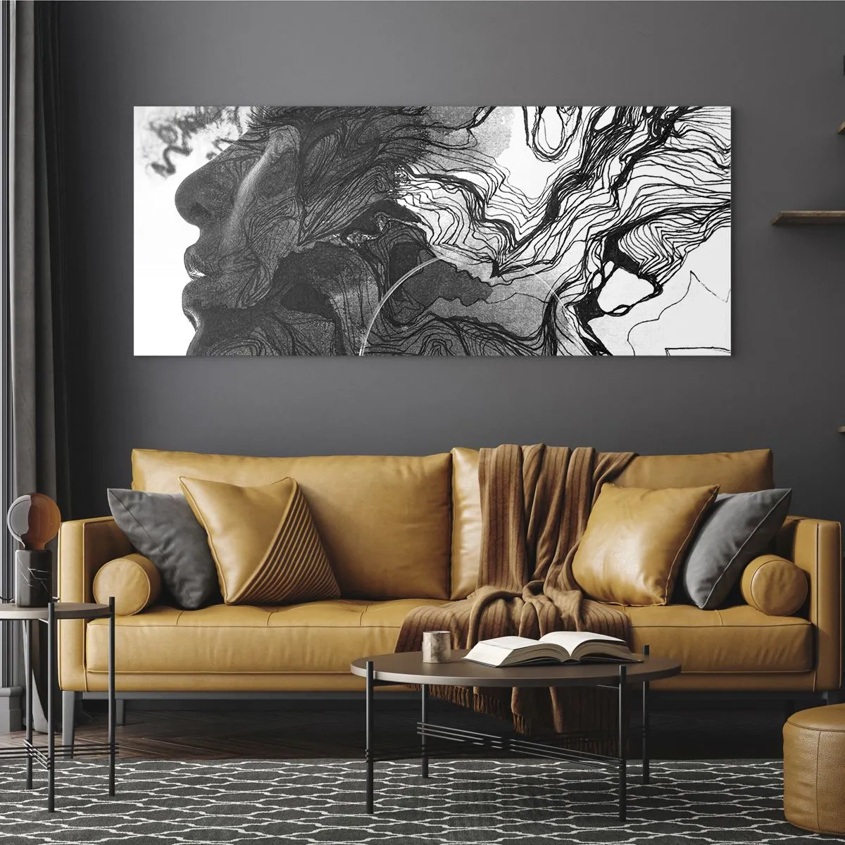 Quadro su vetro - Volto astratto in bianco e nero con linee dinamiche. - 120x50cm - Aggrovigliata nei sogni - Decorazione murale moderna per soggiorno e camera da letto ARTTOR