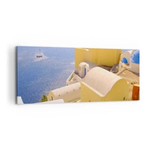 Quadro su tela - Stampe su Tela - Architettura greca con vista sul mare e una barca sullo sfondo - 120x50cm - Paesaggio greco in bianco e blu - Decorazione murale moderna per soggiorno e camera da letto ARTTOR
