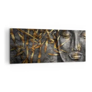 Quadro su tela - Stampe su Tela - Immagine del Buddha Zen con bambù dorati - 120x50cm - Senti la pace - Decorazione murale moderna per soggiorno e camera da letto ARTTOR
